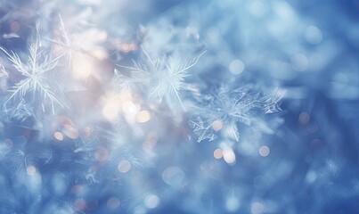 Beautiful background image of small snowdrifts, falling snow and snowflakes in white and blue tones