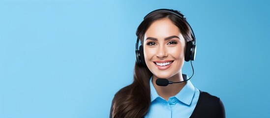 Young woman friendly customer support service operator with headset isolated on blue - Powered by Adobe