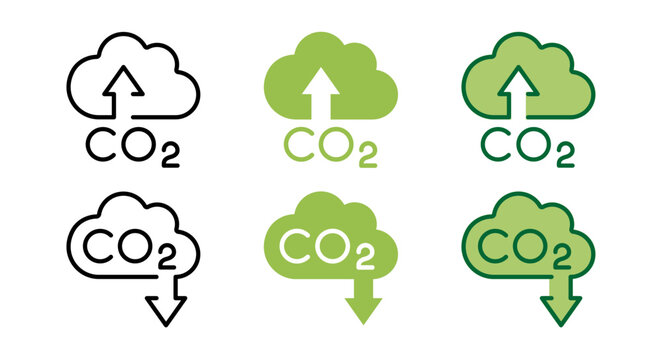 CO2 gas Reduction icon set in green and black color. Zero Carbon Emission concept designs. carbon reduction cloud Symbol. Greenhouse Gas Containment Logo