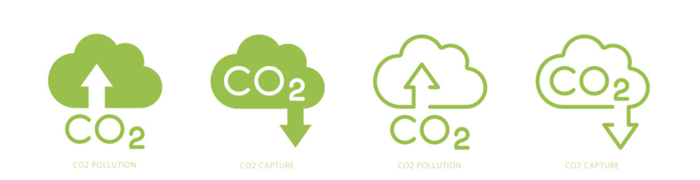 CO2 gas Reduction icon set in green color. Zero Carbon Emission concept designs. carbon reduction cloud Symbol. Greenhouse Gas Containment Logo