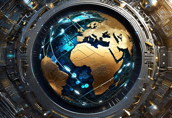 Dyson sphere around planet earth model metallic globe showing continent of Africa future view