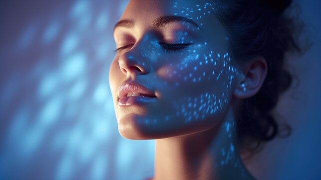 Photograph of a woman using a blue light therapy device on their face, focus on the glow and skin texture. Biohacking concept