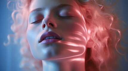 Photograph of a woman using a blue light therapy device on their face, focus on the glow and skin texture. Biohacking concept - obrazy, fototapety, plakaty