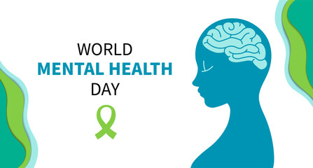 World mental health day web banner. Human head silhouette, healthy brain. Vector Background.