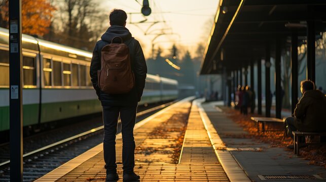 Mann mit Rucksack steht abends auf einem Bahnsteig eines Bahnhofs und schaut in Richtung Ende