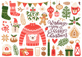 Vector set of holiday icons: sweater, Christmas ornaments, gingerbread cookies, candles, gift, snowman. Kids illustration for Christmas time. Scrapbook collection. Winter greeting card. Happy New Year