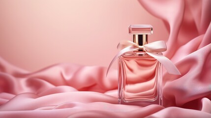 Generative AI, Bottle of perfume on a pink silk background. Glass flask with pink fragrance packaging design mock up - obrazy, fototapety, plakaty