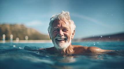 Senior man swimming in outdoor swimming pool. - obrazy, fototapety, plakaty