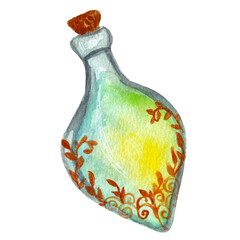 Watercolor potion, decorated by golden leaves, isolated on white background. For magic products, Halloween, cards ect.