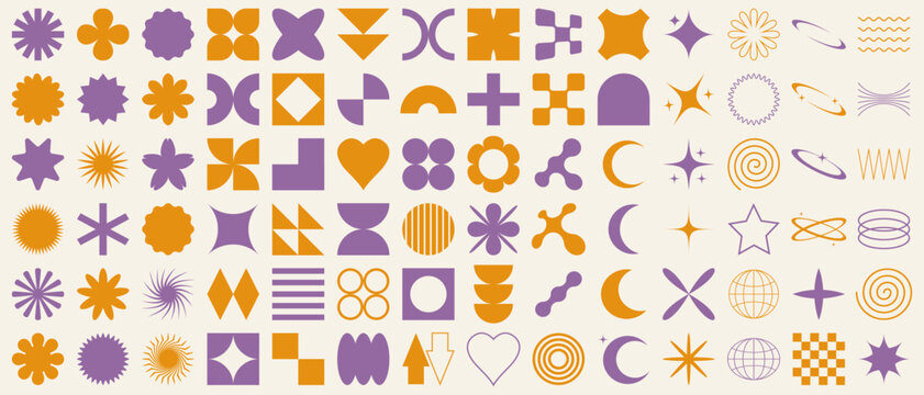 Big vector set of brutalist geometric shapes. Trendy abstract minimalist figures, stars, flowers, circles. Modern abstract graphic design elements.