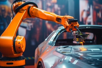 Industrial robot is welding in car factory. Car manufacturer, automobile production - obrazy, fototapety, plakaty