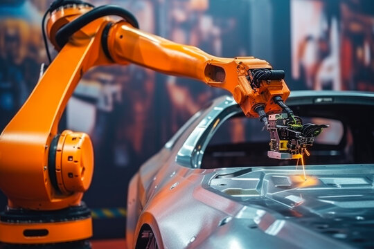 Industrial robot is welding in car factory. Car manufacturer, automobile production