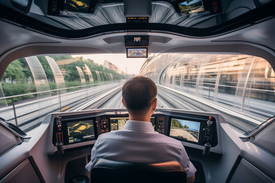 Generative AI illustration of back view of faceless driver looking away at railroad while sitting in cabin with dashboard crossing rapid running train