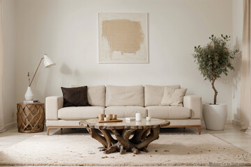 Minimalist style interior design of modern living room, Rustic root ball coffee table near white sofa.