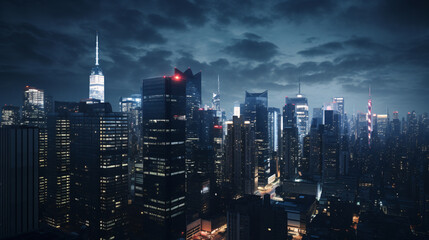 New York City Skyscrapers Night View - obrazy, fototapety, plakaty