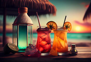 drinks with blur beach and sunset in background - obrazy, fototapety, plakaty