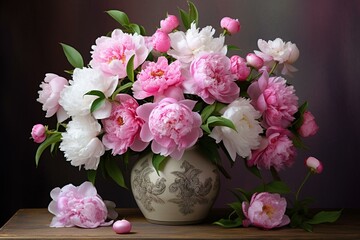 beautiful bouquet of pink and white peonies. Generative AI
