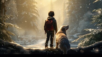 the boy and his dog as they explore the snowy outdoors together, while his furry friend playfully...
