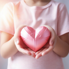 Fototapeta premium Girl hands holding pink heart, Happiness moment, Health care, donate and family insurance concept, World heart day, world health day, Hope, Gratitude, Kindness, Valentine's Day. Generative AI.