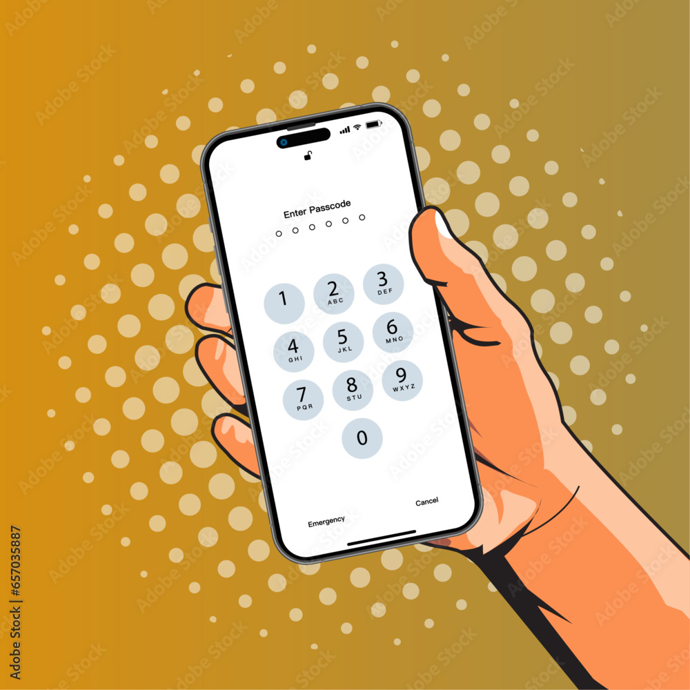 Poster hand holding smartphone with unlock screen and button. flat design illustration of people hand holdi