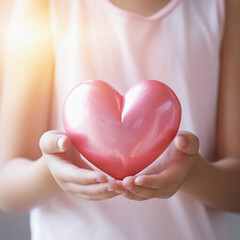 Obraz premium Girl hands holding pink heart, Happiness moment, Health care, donate and family insurance concept, World heart day, world health day, Hope, Gratitude, Kindness, Valentine's Day. Generative AI.
