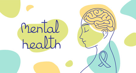 World mental health day web banner. Human head silhouette, healthy brain and abstract spots. Vector Background.