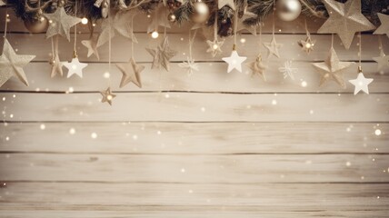 a vintage garland elegantly laid out on a white wooden table, surrounded by antique Christmas decorations, with ample space for custom text.