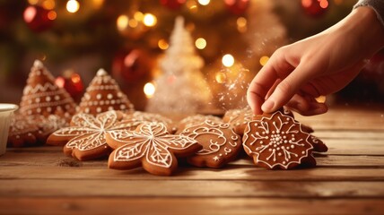 A festive holiday platter filled with an assortment of beautifully decorated Christmas gingerbread cookies. The platter on a rustic wooden table adorned with Christmas decorations for a warm