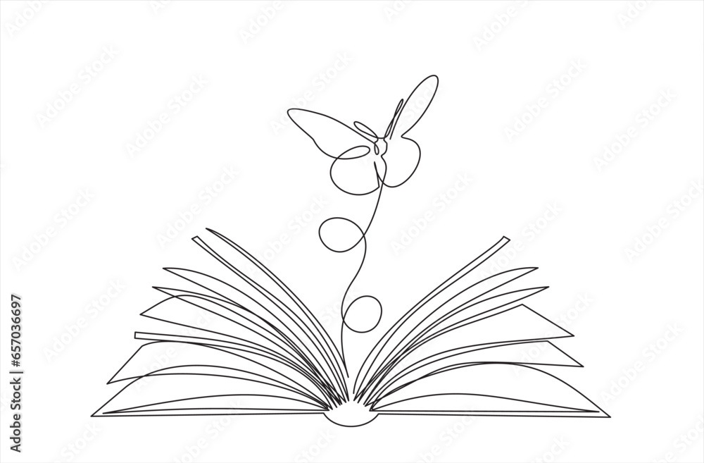 Poster continuous one line drawing of open book with flying butterfly. vector illustration on white backgro