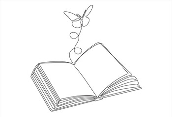 Continuous one line drawing of open book with flying butterfly. Vector illustration on white background.