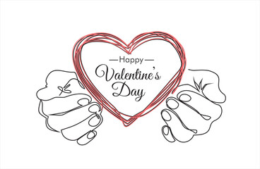 Single continuous line of hands holding heart with inscription: Happy Valentines Day. Valentines Day concept. Black thin line of the hands with  heart.