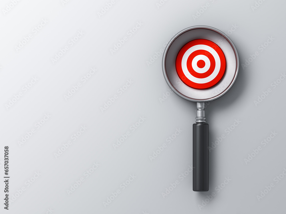 Poster magnifying glass focus on target market business goal concepts isolated on white grey background wit