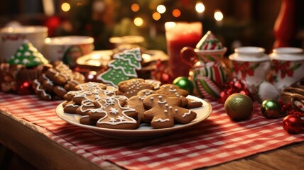 A festive holiday platter filled with an assortment of beautifully decorated Christmas gingerbread cookies. The platter on a rustic wooden table adorned with Christmas decorations for a warm