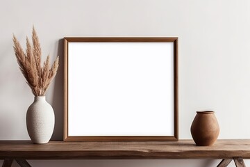 Minimalist elegance. White frames in modern home. Retro inspired interior. Empty frame design. House decor showcase. Wooden table mockup. Blank canvas of style