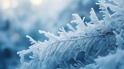 snow-covered pine branches, showcasing the intricate details of frost and snow crystals. The natural beauty of winter is highlighted in this image.