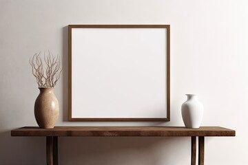 Minimalist elegance. White frames in modern home. Retro inspired interior. Empty frame design. House decor showcase. Wooden table mockup. Blank canvas of style