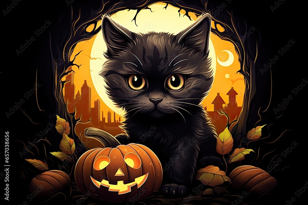 Wall mural cute little cat happy halloween illustration