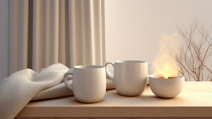 Fototapeta na wymiar Two mugs, filled with steaming beverages, sit on a wooden table beside a fireplace in a country house. A soft woolen blanket drapes over a comfortable armchair, inviting relaxation and comfort.