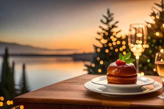 christmas table setting with christmas decorations | Christmas Cake and Wine at Sunset