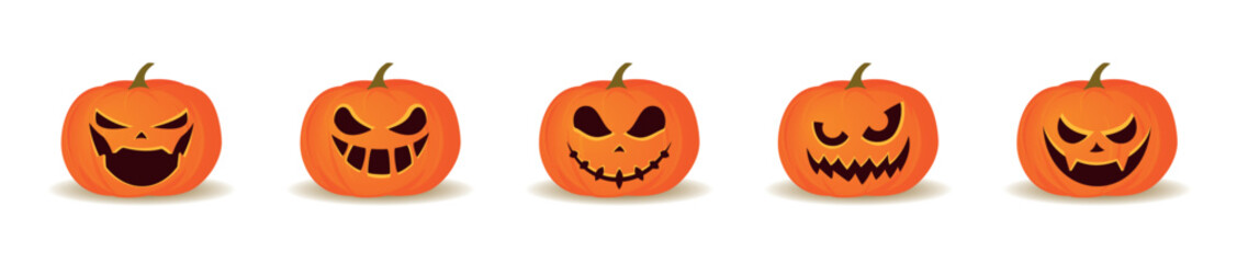Vector drawing. A set of painted pumpkins. Pumpkins with carved faces for Halloween on a white background.