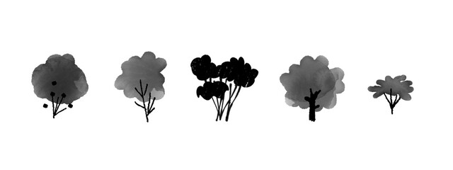 Set of trees.  Cluster of plant. landscape and front view. Hand drawn modern illustration. Isolated design element. Poster, print template.