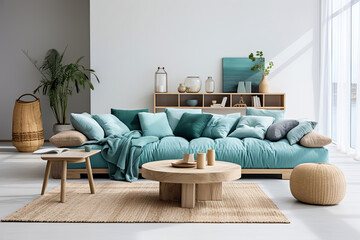 Round wood coffee table near blue sofa against white wall with copy space. Minimalist scandinavian home interior design of modern living room.