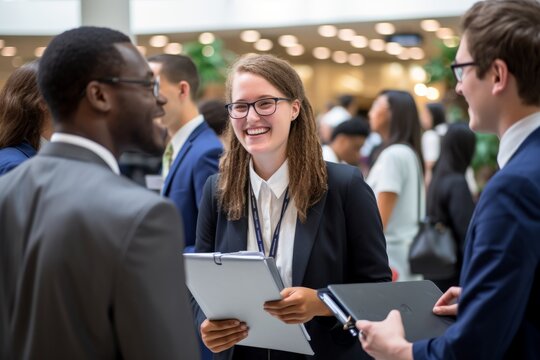 students gaining real-world experience through career fairs. AI generative.