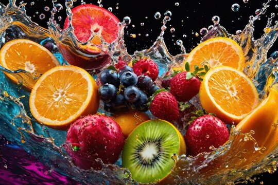 Fruit mix falling into water and splashing. Generative AI © Vitaliy