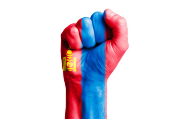 Man hand fist of MONGOLIA flag painted. Close-up.