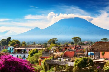 Beautiful landscape of Antigua Guatemala with Aqua volcano in the distance. Generative AI