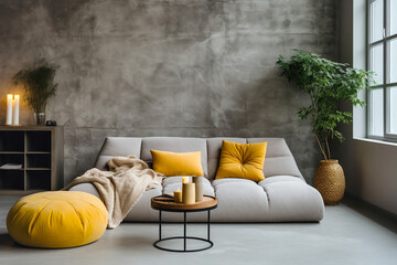 Grey sofa with mustard color pillows against dark concrete wall with copy space, Loft home interior design of modern living room.