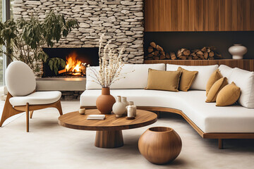 Sofa and chair by fireplace in wild stone cladding wall. Mid-century home interior design of modern living room.