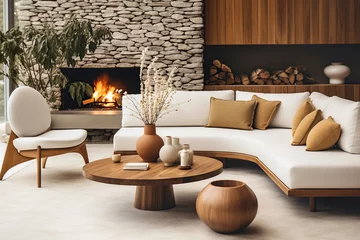 Rugzak Sofa and chair by fireplace in wild stone cladding wall. Mid-century home interior design of modern living room. © Vadim Andrushchenko
