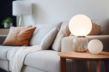 Close up of lamp on side table near sofa. Scandinavian home interior design of modern living room. - obrazy, fototapety, plakaty